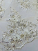 3D Floral Rhinestone Fabric - Off-White - Beaded Flower Clusters with Rhinestones and Sequins By Yard