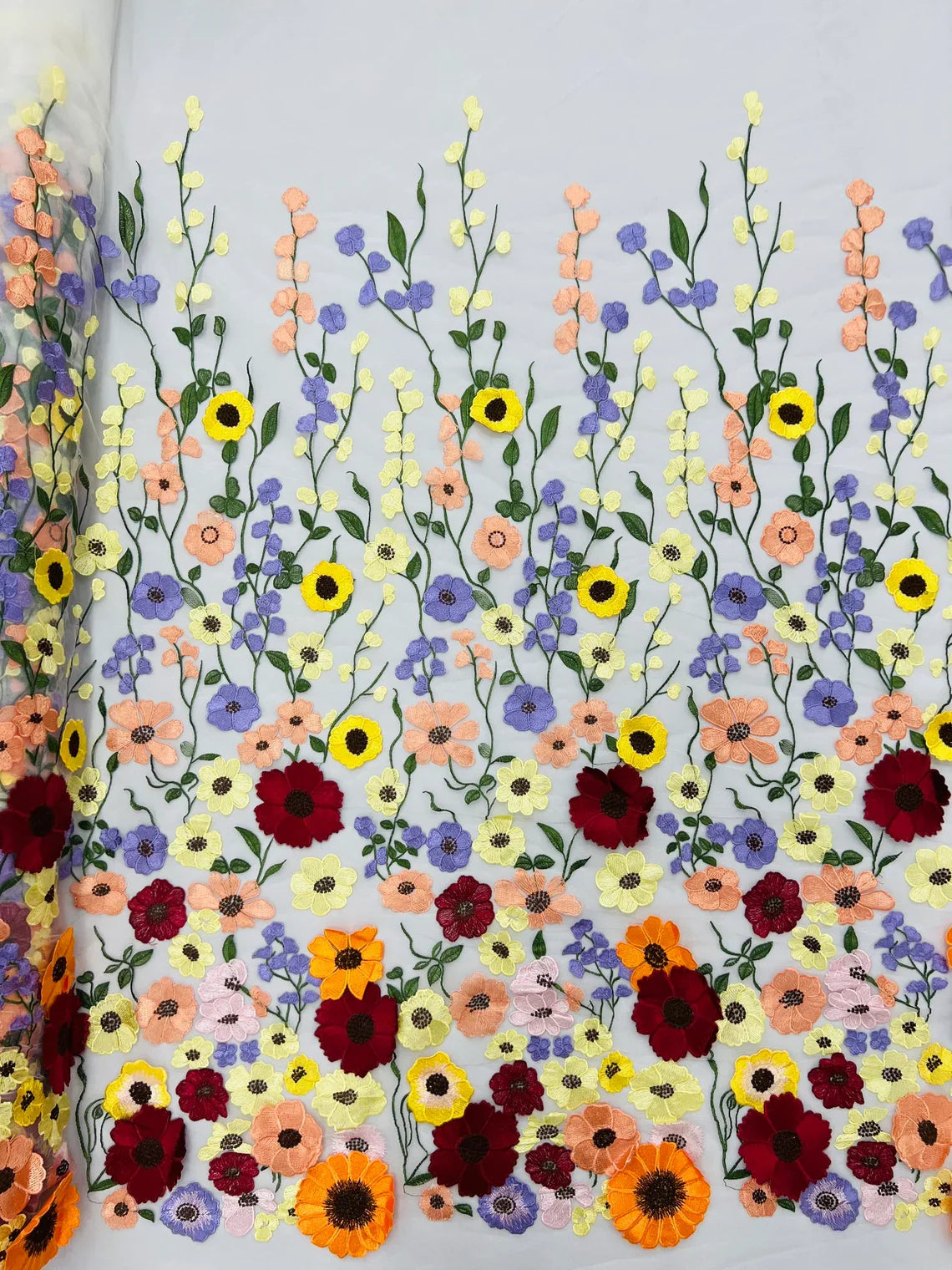 3D Floral and Leaves Embroidery - Off-White - Multi Color Flower Design on Mesh by Yard