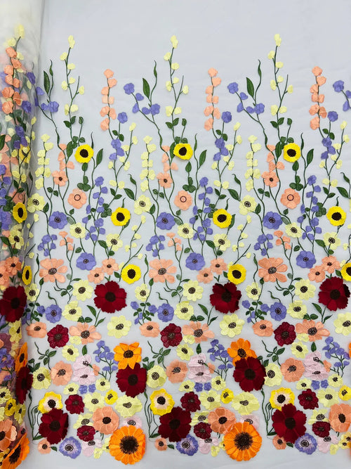 3D Floral and Leaves Embroidery - Off-White - Multi Color Flower Design on Mesh by Yard