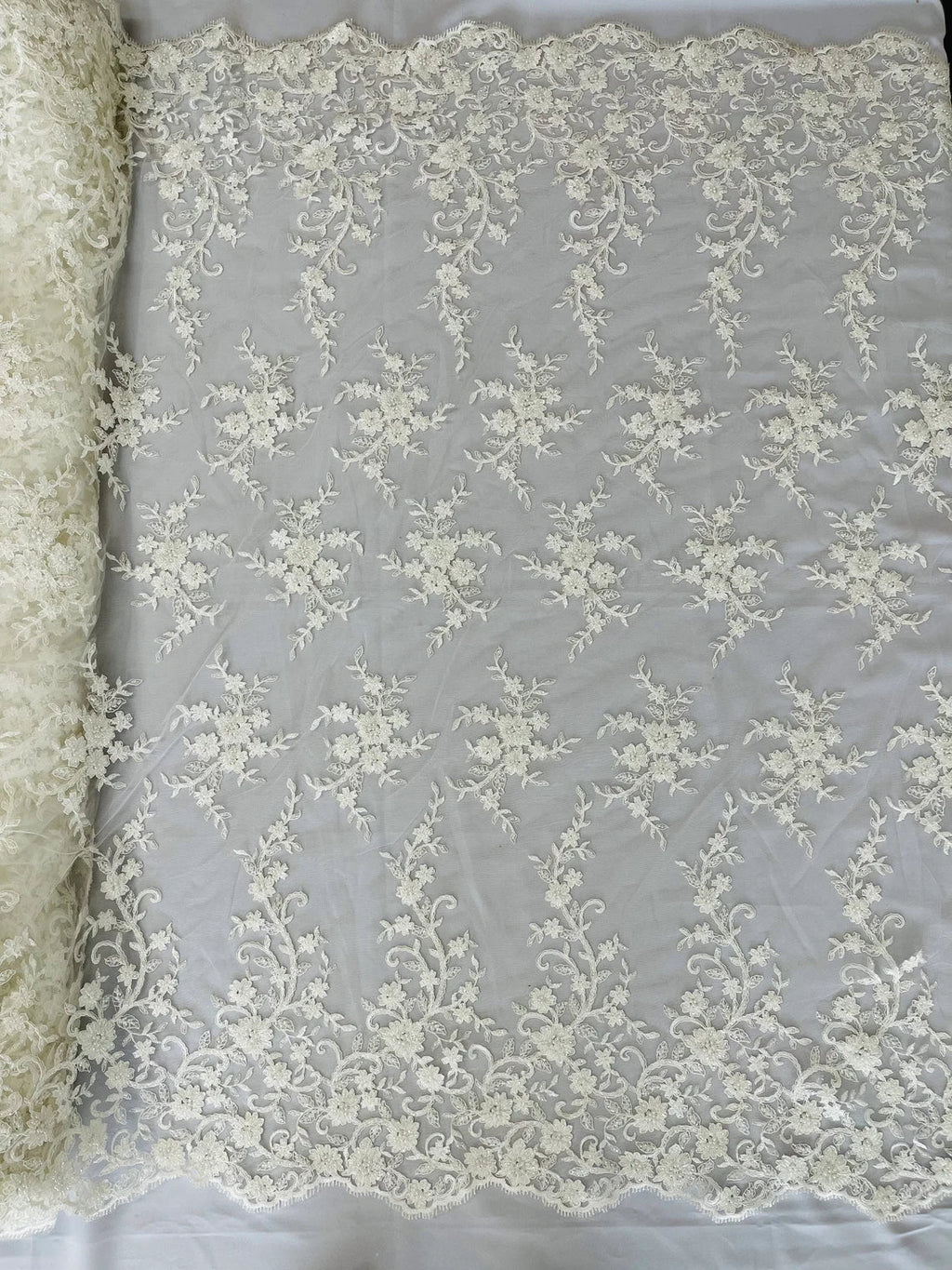 Beaded Floral Cluster - Off-White - Fancy Embroidered Glamorous Floral Design by Yard