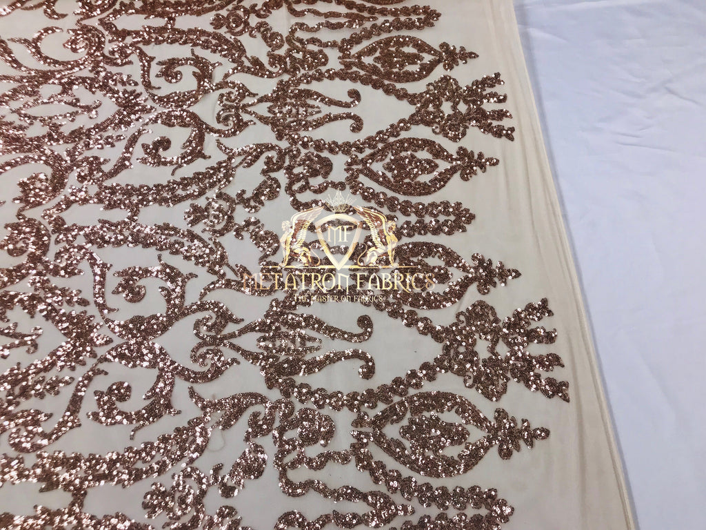 4 Way Stretch - Rose Gold - Sequins Damask Design Fabric Embroidered On Mesh Sold By The Yard