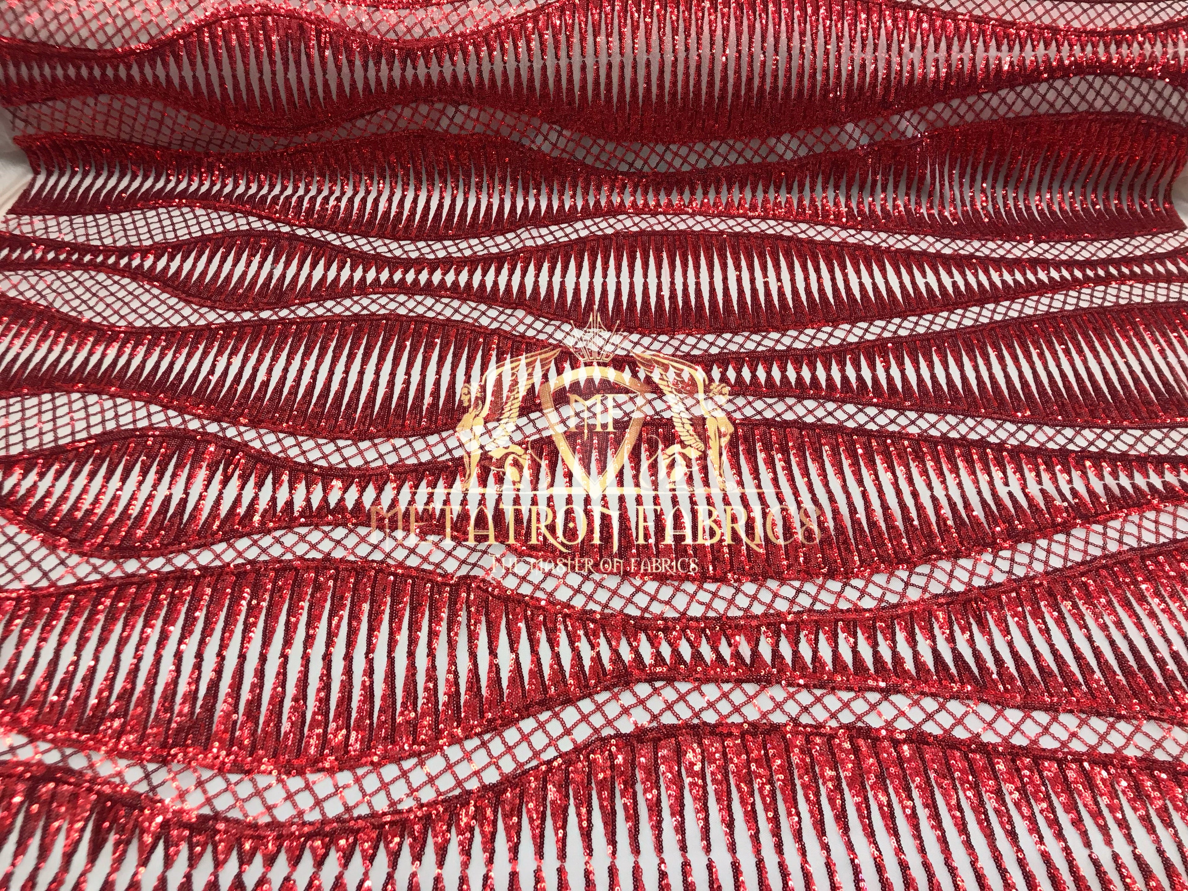 4 Way Stretch - Red - Horizontal Line Design Sequins On Stretch Mesh By The Yard