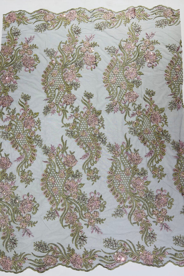 Corded Lace Sequins Fabric - Olive / Rose Pink - Embroidered Fancy Flower and Fish Design Sold By Yard