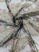 Corded Lace Sequins Fabric - Olive / Rose Pink - Embroidered Fancy Flower and Fish Design Sold By Yard
