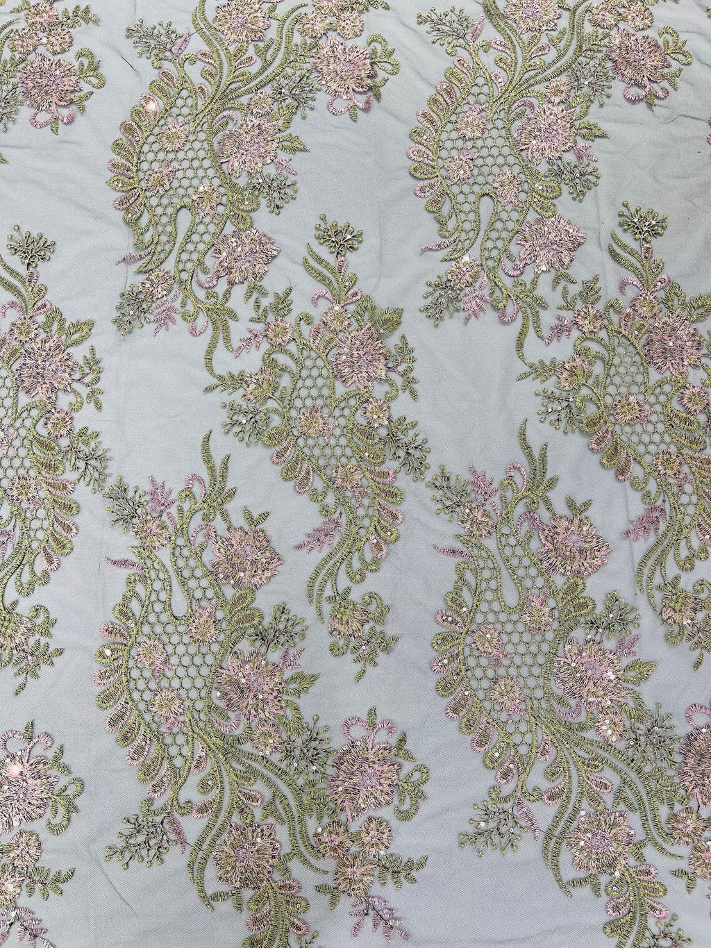 Corded Lace Sequins Fabric - Olive / Rose Pink - Embroidered Fancy Flower and Fish Design Sold By Yard