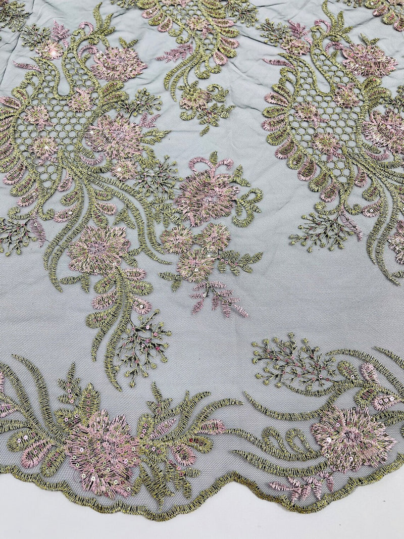 Corded Lace Sequins Fabric - Olive / Rose Pink - Embroidered Fancy Flower and Fish Design Sold By Yard