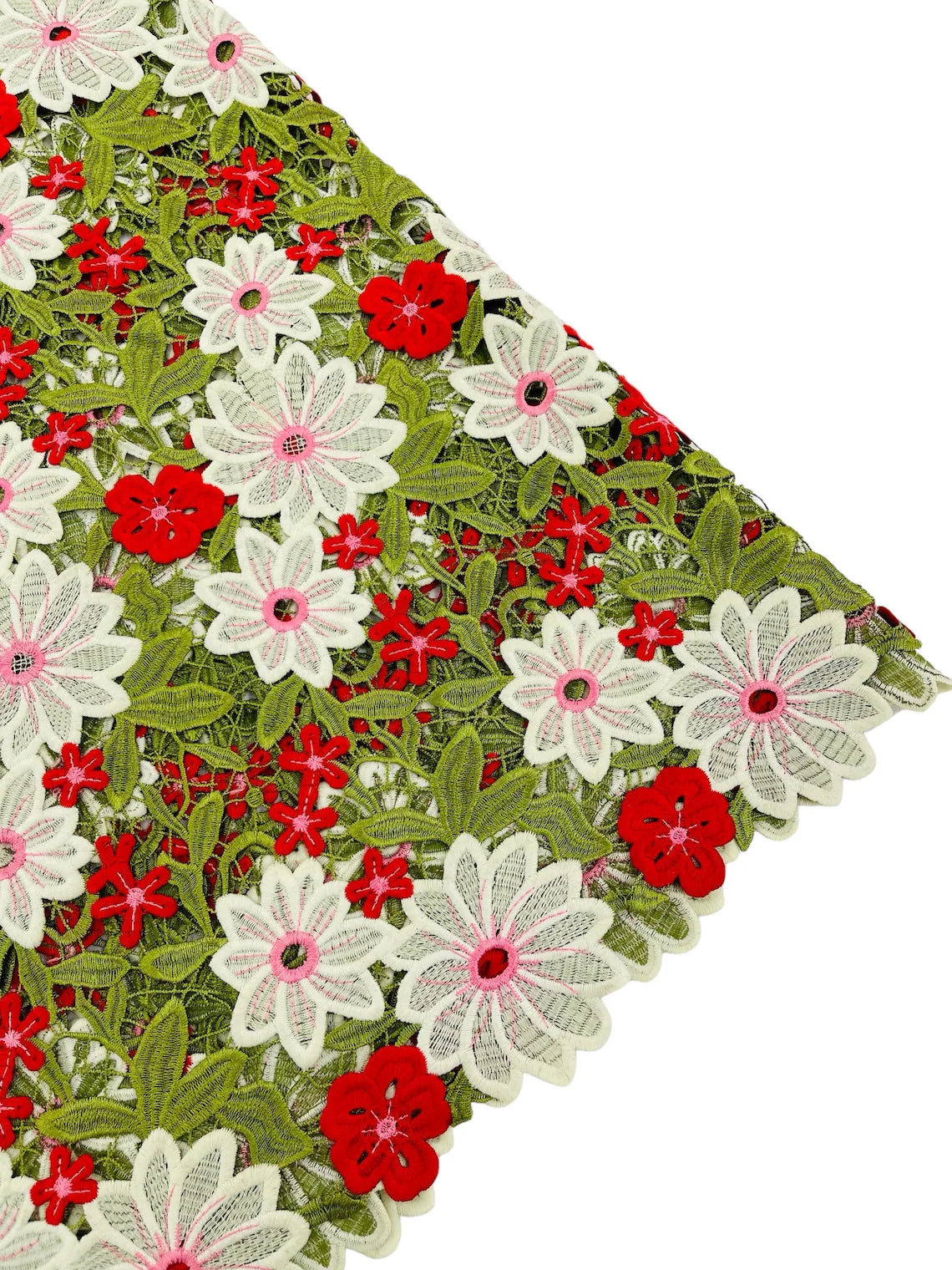 Multi-Color Guipure Lace Design Fabric - Olive/Red/White - Floral Lace Fabric by Yard