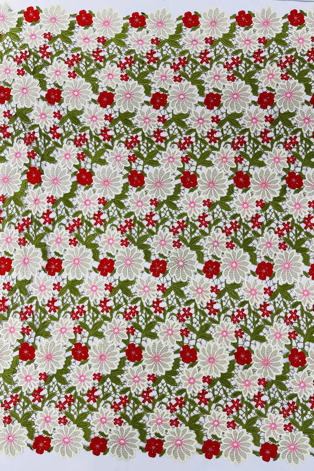 Multi-Color Guipure Lace Design Fabric - Olive/Red/White - Floral Lace Fabric by Yard