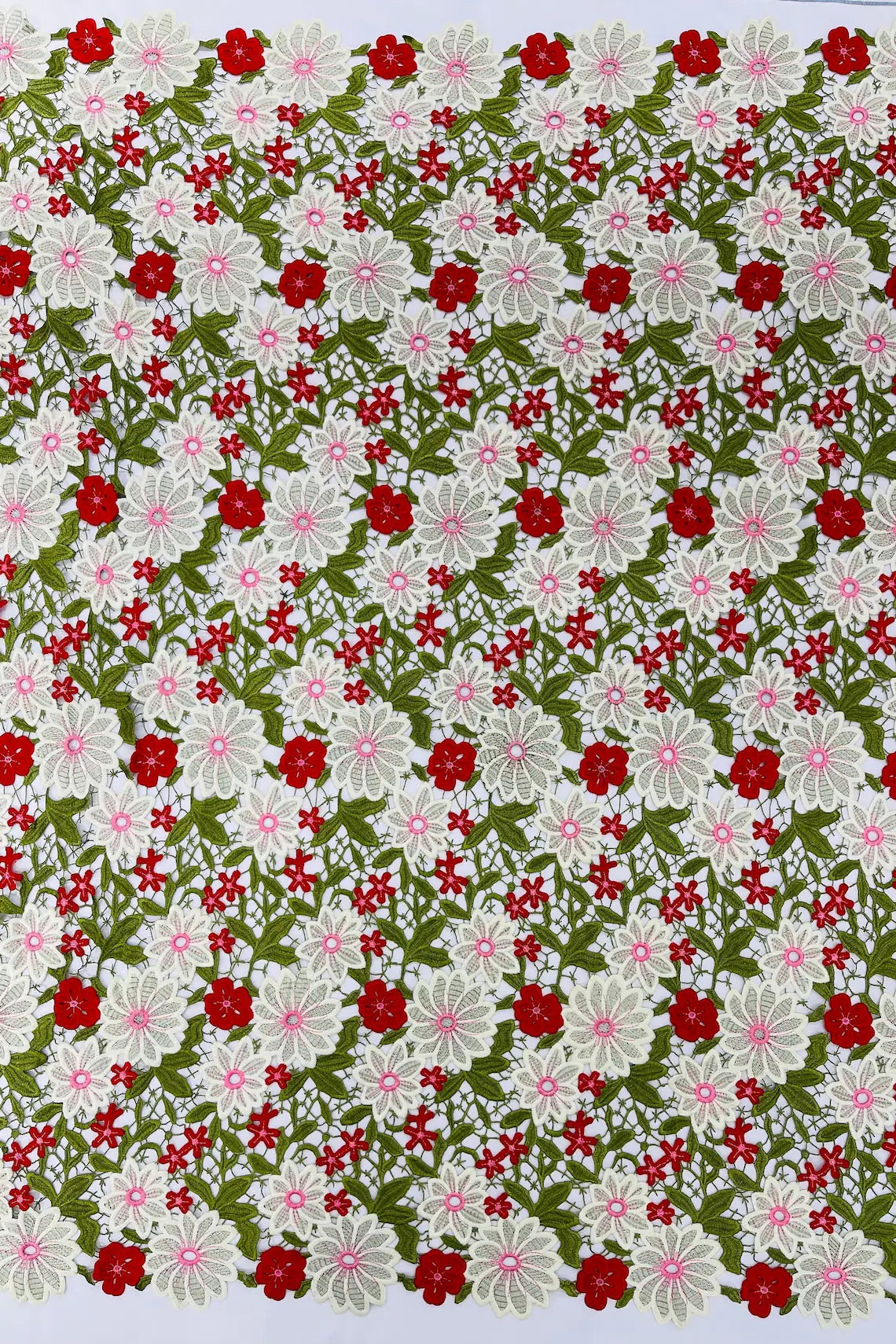 Multi-Color Guipure Lace Design Fabric - Olive/Red/White - Floral Lace Fabric by Yard