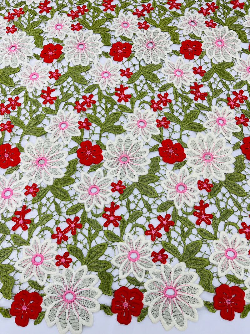 Multi-Color Guipure Lace Design Fabric - Olive/Red/White - Floral Lace Fabric by Yard