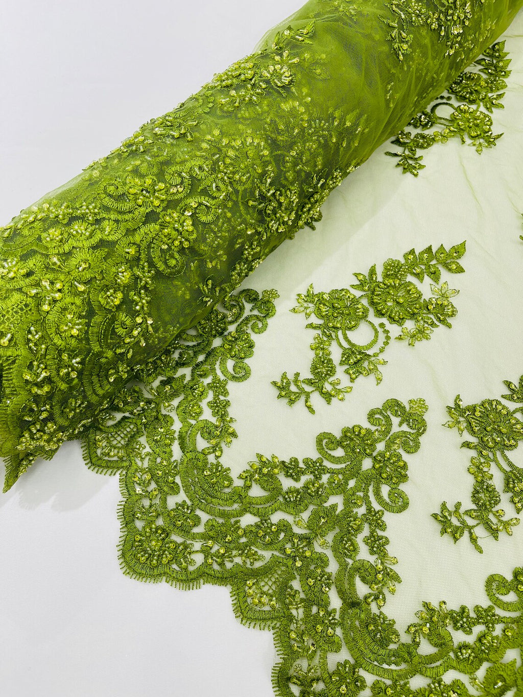Beaded Floral Fabric - Olive - Embroidered Flower Cluster Beaded Fabric Sold By Yard