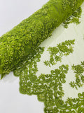 Beaded Floral Fabric - Olive - Embroidered Flower Cluster Beaded Fabric Sold By Yard