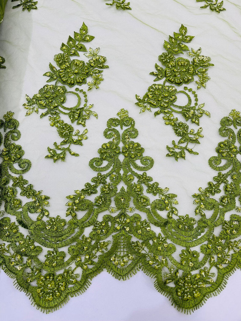 Beaded Floral Fabric - Olive - Embroidered Flower Cluster Beaded Fabric Sold By Yard