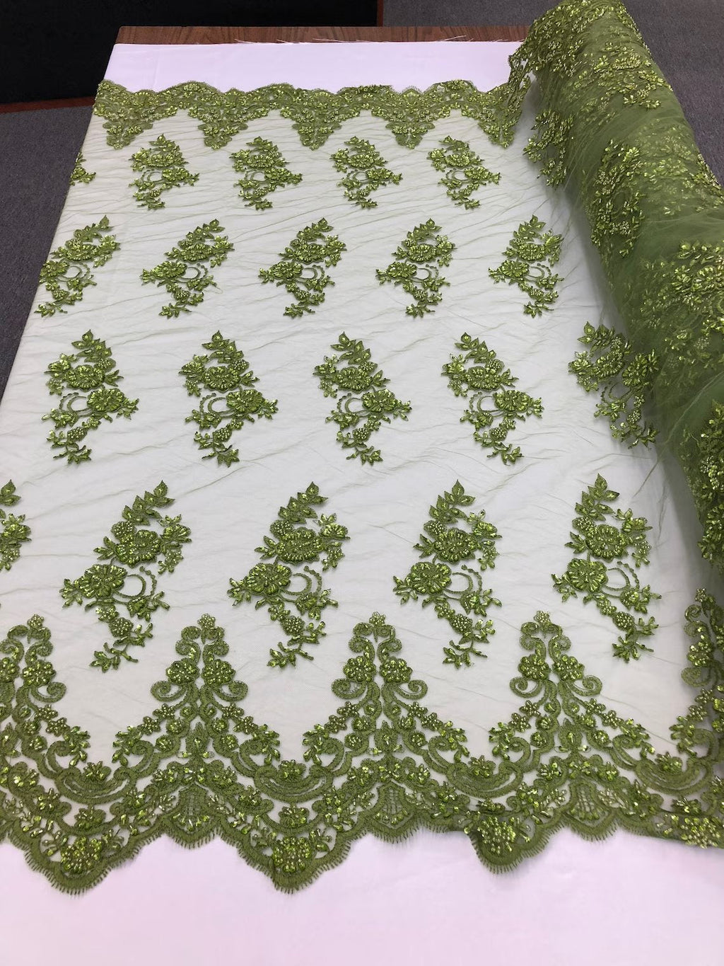 Beaded Floral Fabric - Olive - Embroidered Flower Cluster Beaded Fabric Sold By Yard
