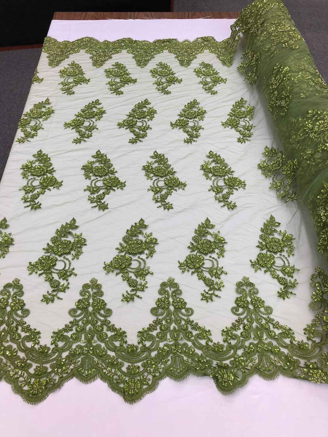 Beaded Floral Fabric - Olive - Embroidered Flower Cluster Beaded Fabric Sold By Yard