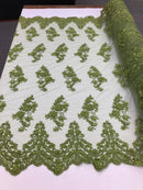 Beaded Floral Fabric - Olive - Embroidered Flower Cluster Beaded Fabric Sold By Yard