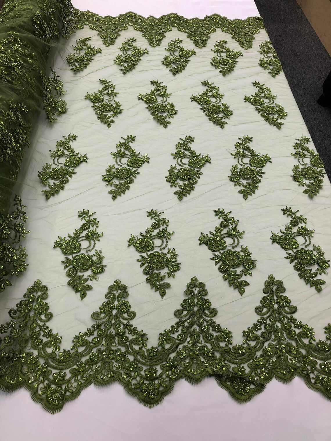Beaded Floral Fabric - Olive - Embroidered Flower Cluster Beaded Fabric Sold By Yard