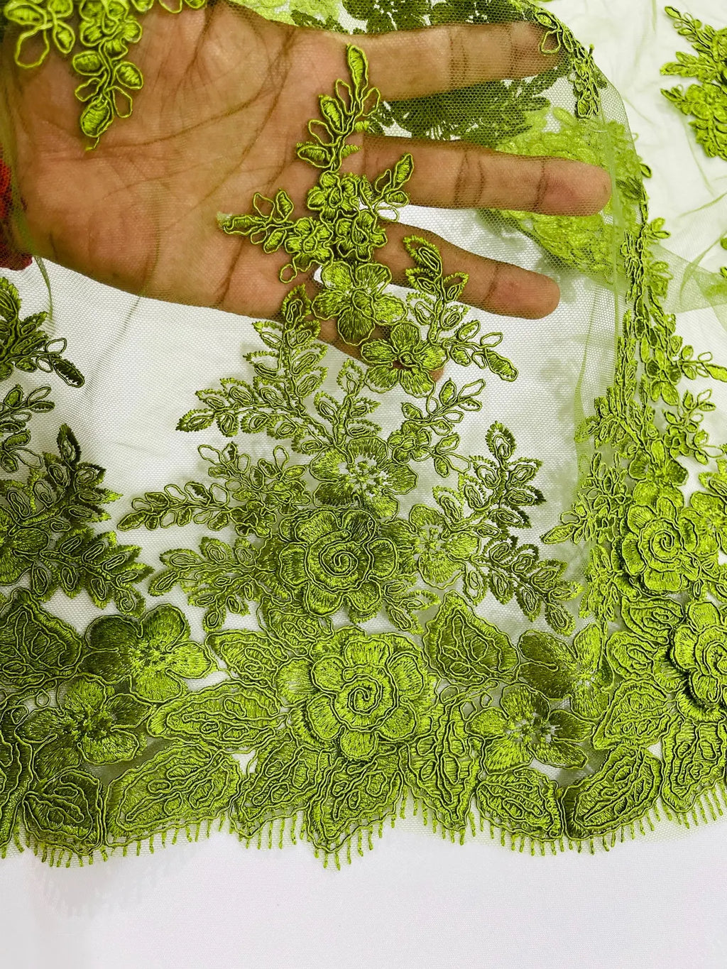 Corded Floral 3D Fabric - Olive Green - Embroidered Floral Design on Lace Mesh Fabric by Yard