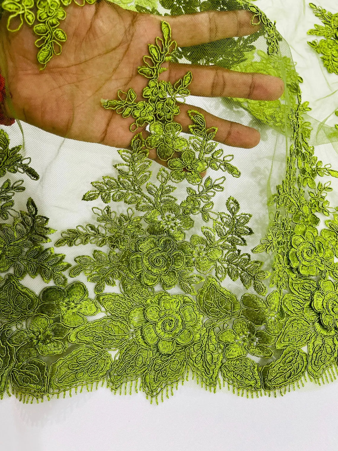 Corded Floral 3D Fabric - Olive Green - Embroidered Floral Design on Lace Mesh Fabric by Yard