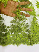 Corded Floral 3D Fabric - Olive Green - Embroidered Floral Design on Lace Mesh Fabric by Yard