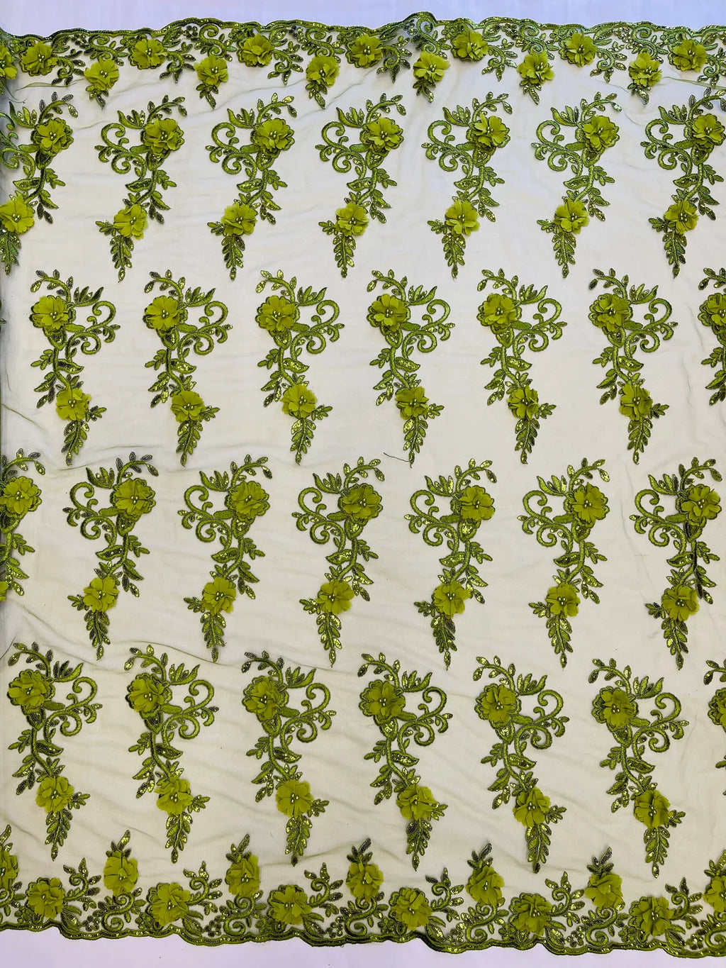 3D Flower Cluster Fabric - Olive Green - 3D Flower Leaf Design Fabric with Pearls Sold By Yard