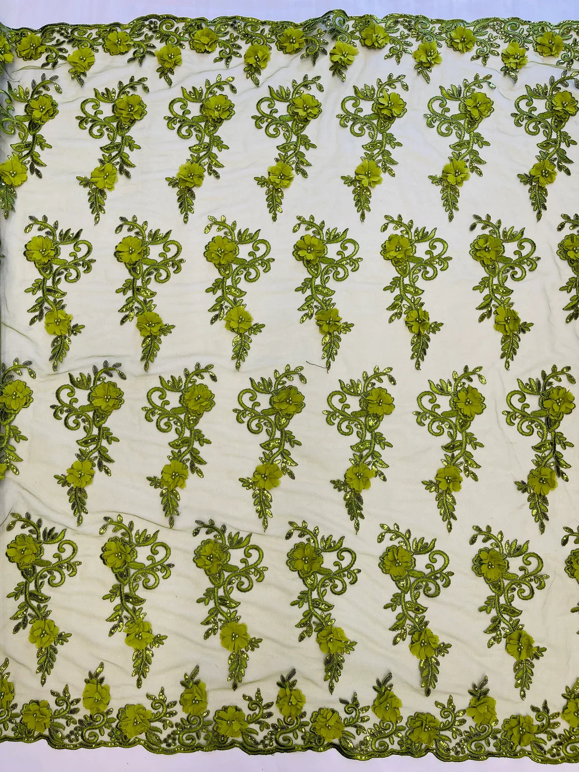 3D Flower Cluster Fabric - Olive Green - 3D Flower Leaf Design Fabric with Pearls Sold By Yard