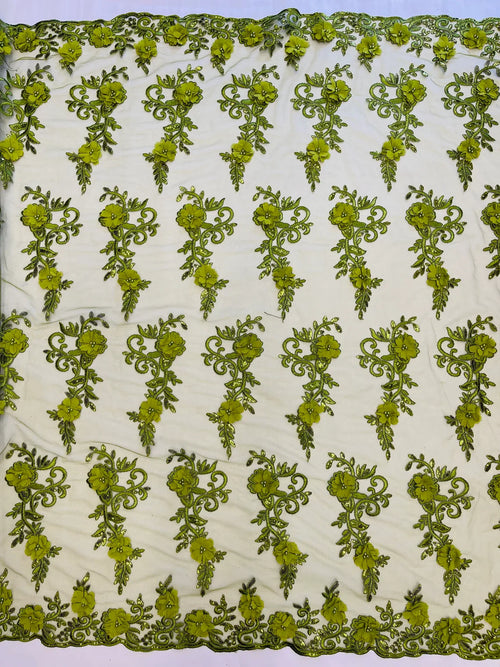 3D Flower Cluster Fabric - Olive Green - 3D Flower Leaf Design Fabric with Pearls Sold By Yard