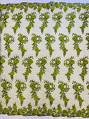 3D Flower Cluster Fabric - Olive Green - 3D Flower Leaf Design Fabric with Pearls Sold By Yard