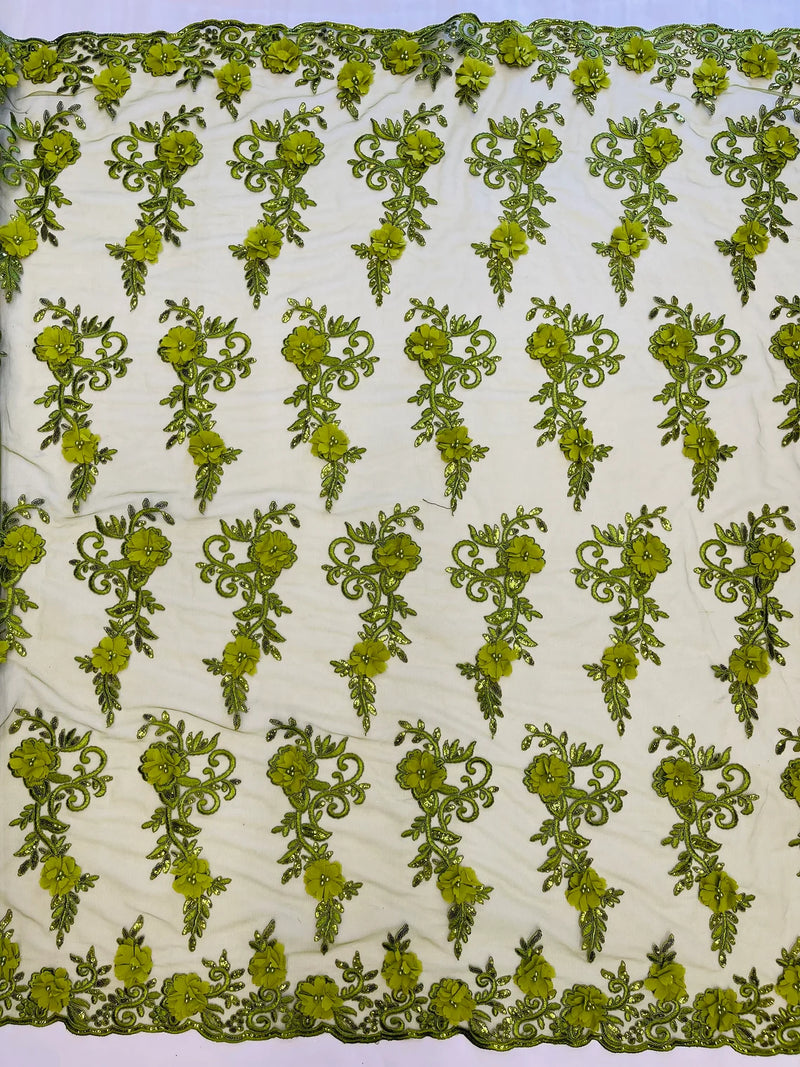 3D Flower Cluster Fabric - Olive Green - 3D Flower Leaf Design Fabric with Pearls Sold By Yard