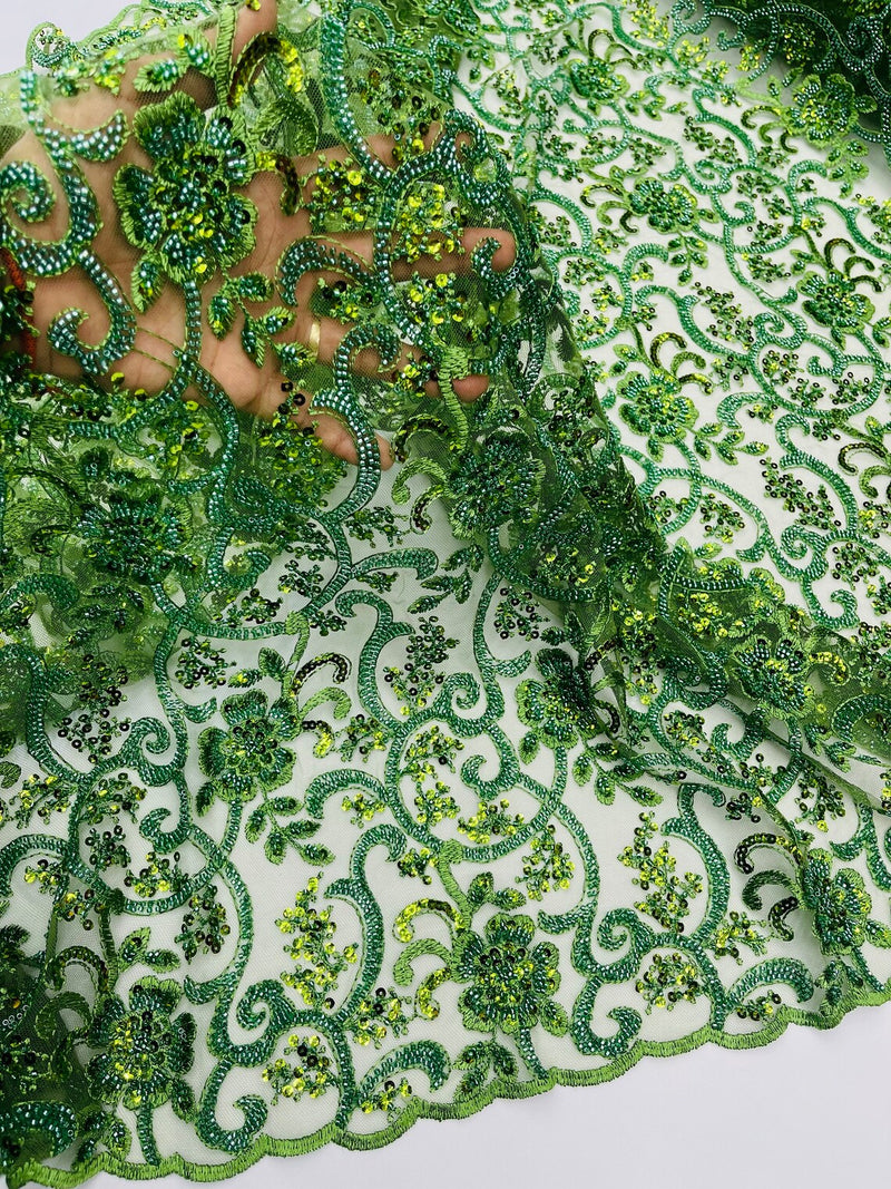 Embroidery Floral Bead Fabric - Olive Green - Bridal Embroidery Beaded Floral  Fabric Sold by Yard