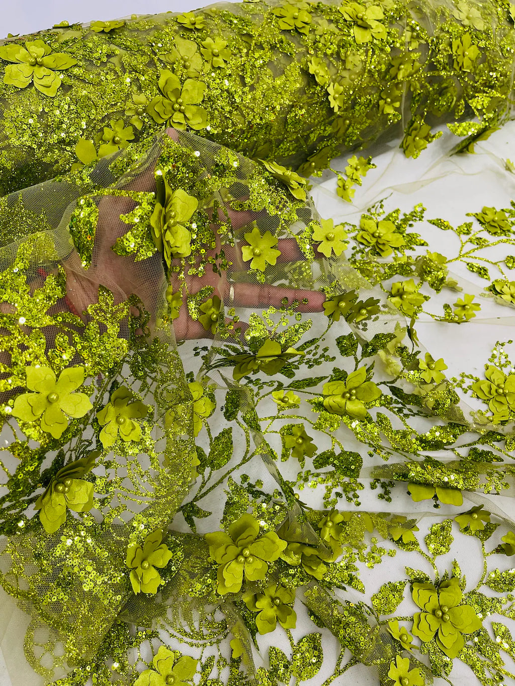 3D Flower Glitter Fabric - Olive Green - Floral Glitter Sequin Design on Lace Mesh Fabric by Yard