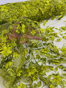 3D Flower Glitter Fabric - Olive Green - Floral Glitter Sequin Design on Lace Mesh Fabric by Yard