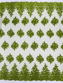 Corded Floral 3D Fabric - Olive Green - Embroidered Floral Design on Lace Mesh Fabric by Yard