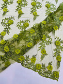 3D Flower Cluster Fabric - Olive Green - 3D Flower Leaf Design Fabric with Pearls Sold By Yard