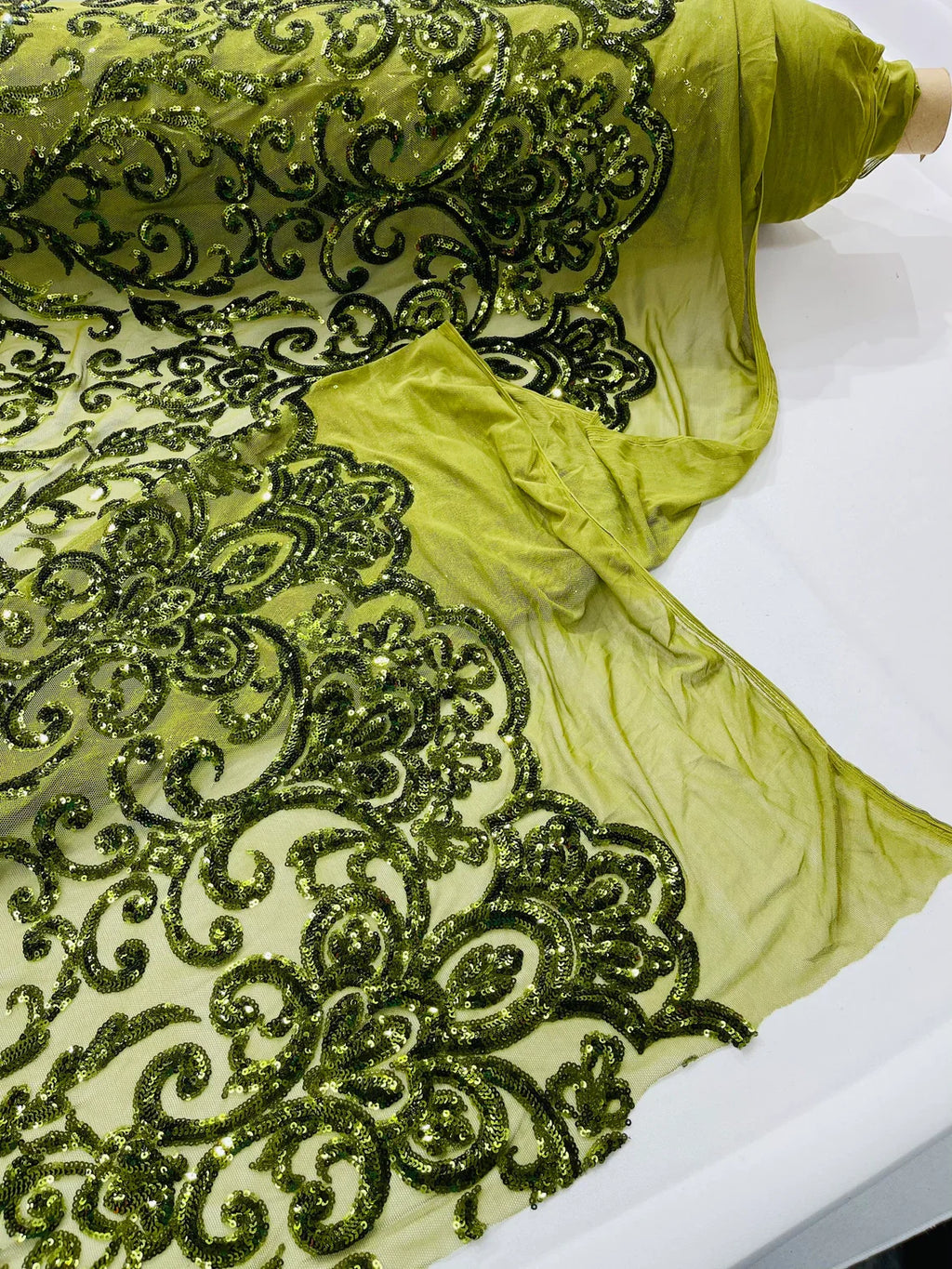 Damask Decor Sequins - Olive Green - 4 Way Stretch Design High Quality Fabric By Yard