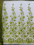 3D Flower Glitter Fabric - Olive Green - Floral Glitter Sequin Design on Lace Mesh Fabric by Yard