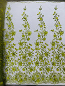 3D Flower Glitter Fabric - Olive Green - Floral Glitter Sequin Design on Lace Mesh Fabric by Yard