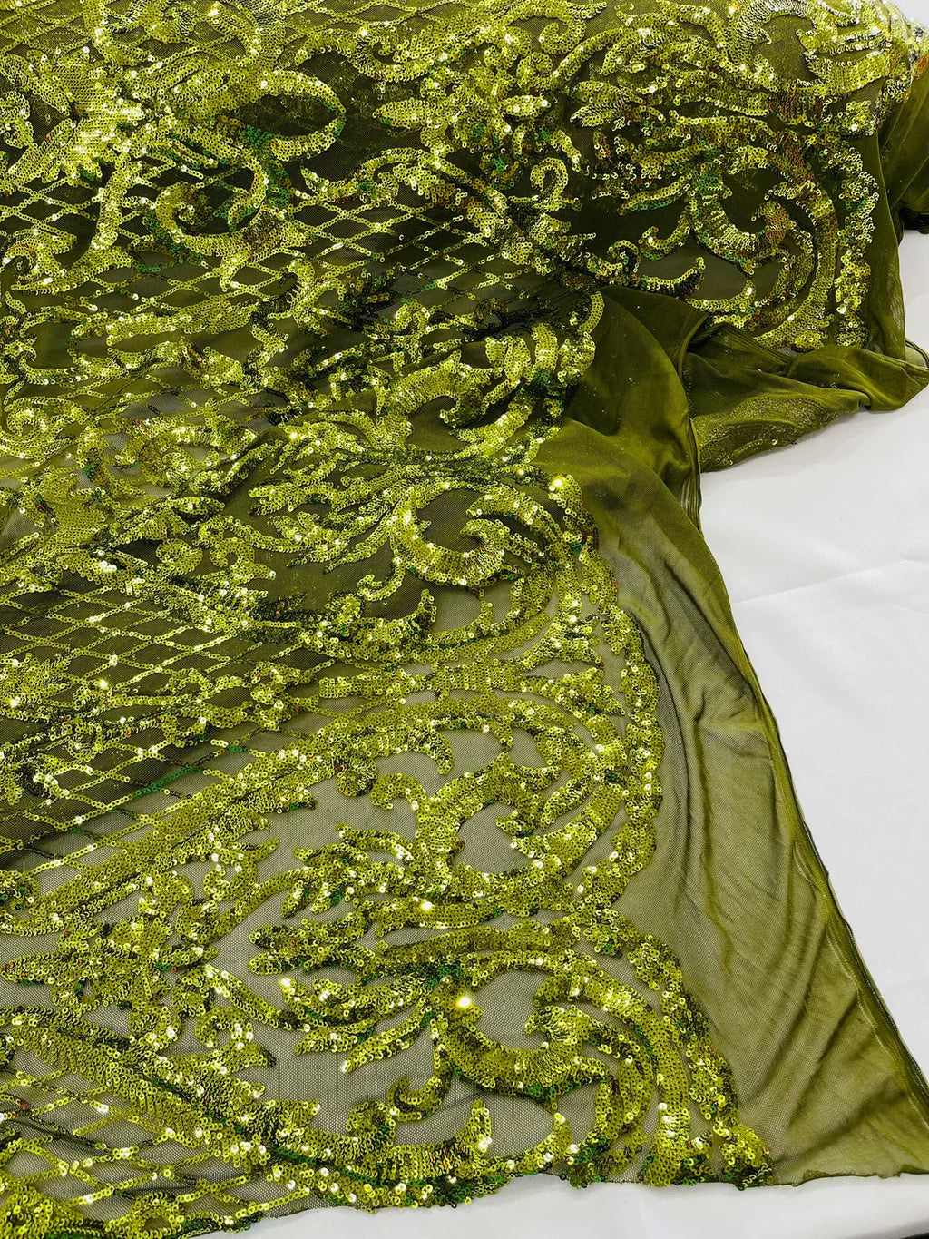 Heart Damask Sequins - Olive Green - 4 Way Stretch Elegant Shiny Net Sequins Fabric By Yard