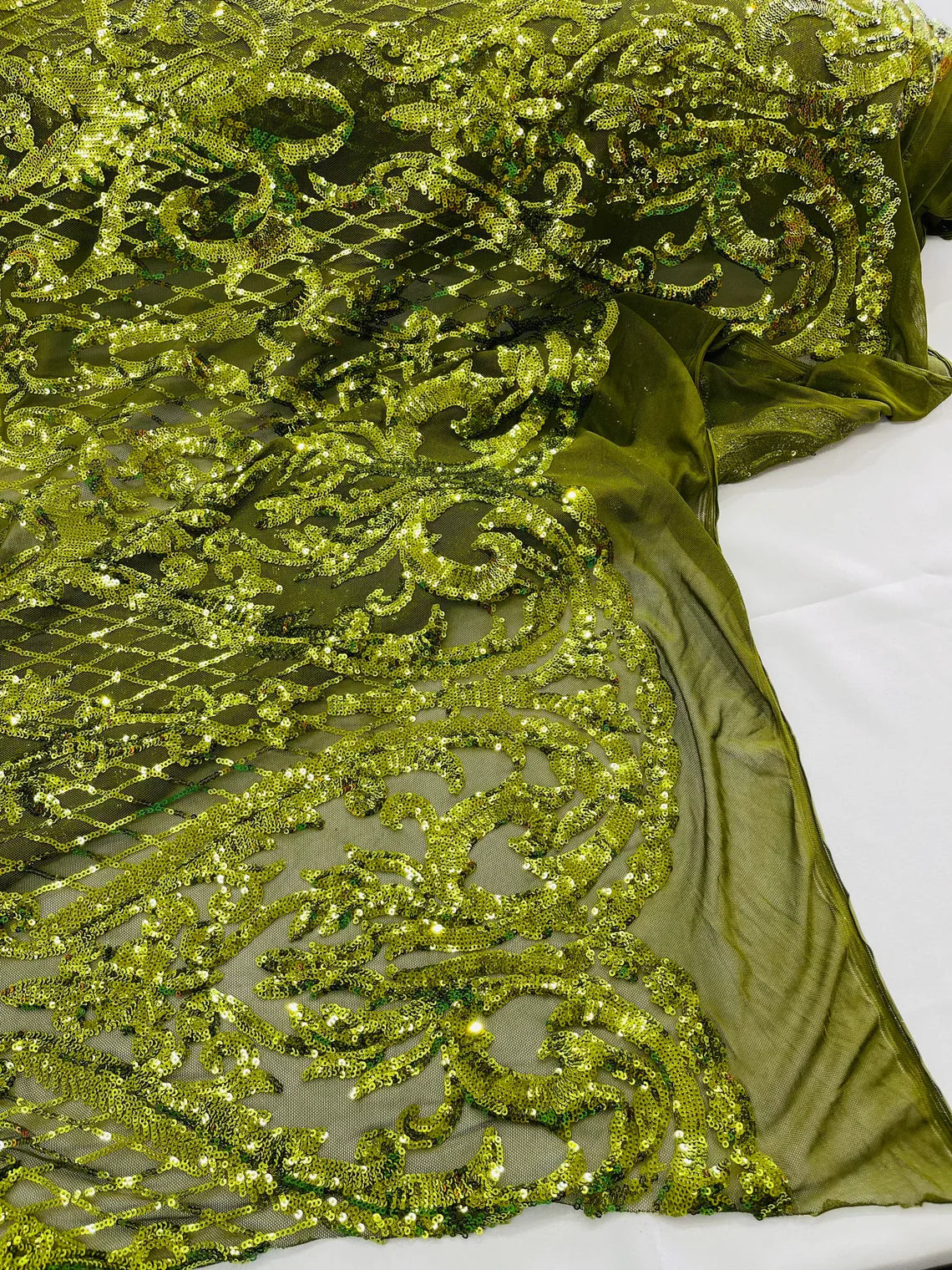 Heart Damask Sequins - Olive Green - 4 Way Stretch Elegant Shiny Net Sequins Fabric By Yard