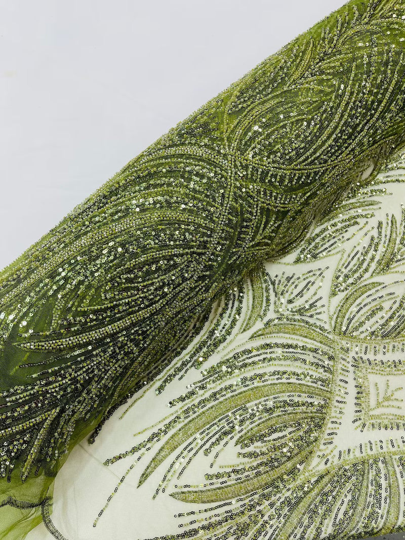 Beaded Lines Fabric - Olive Green - Luxury Beads and Sequins Line Design Fabric By Yard