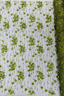 3D Glitter Floral Fabric - Olive Green - 3D Flowers with Sequins and Glitter on Mesh Sold By Yard