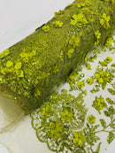 3D Flower Glitter Fabric - Olive Green - Floral Glitter Sequin Design on Lace Mesh Fabric by Yard