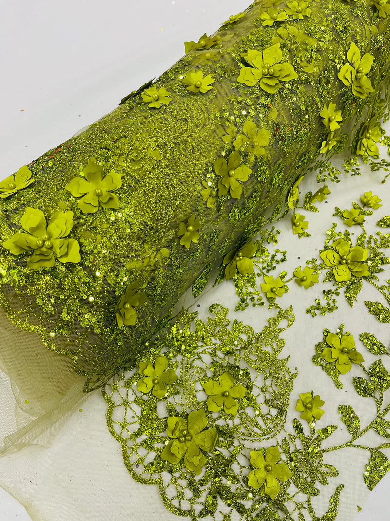 3D Flower Glitter Fabric - Olive Green - Floral Glitter Sequin Design