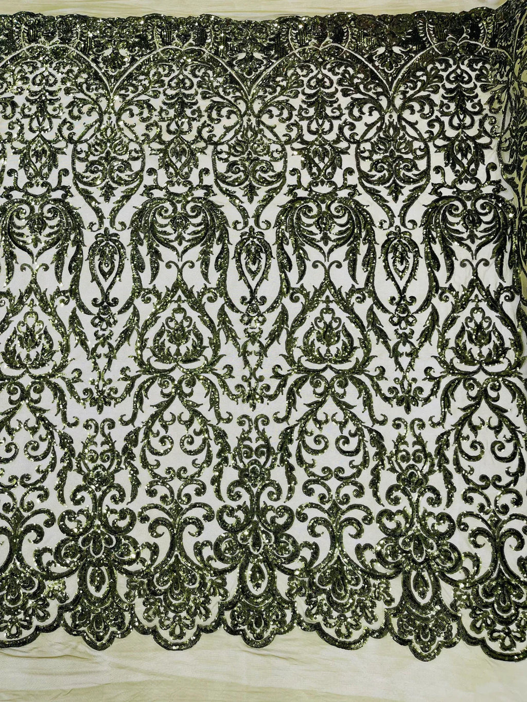 Damask Decor Sequins - Olive Green - 4 Way Stretch Design High Quality Fabric By Yard