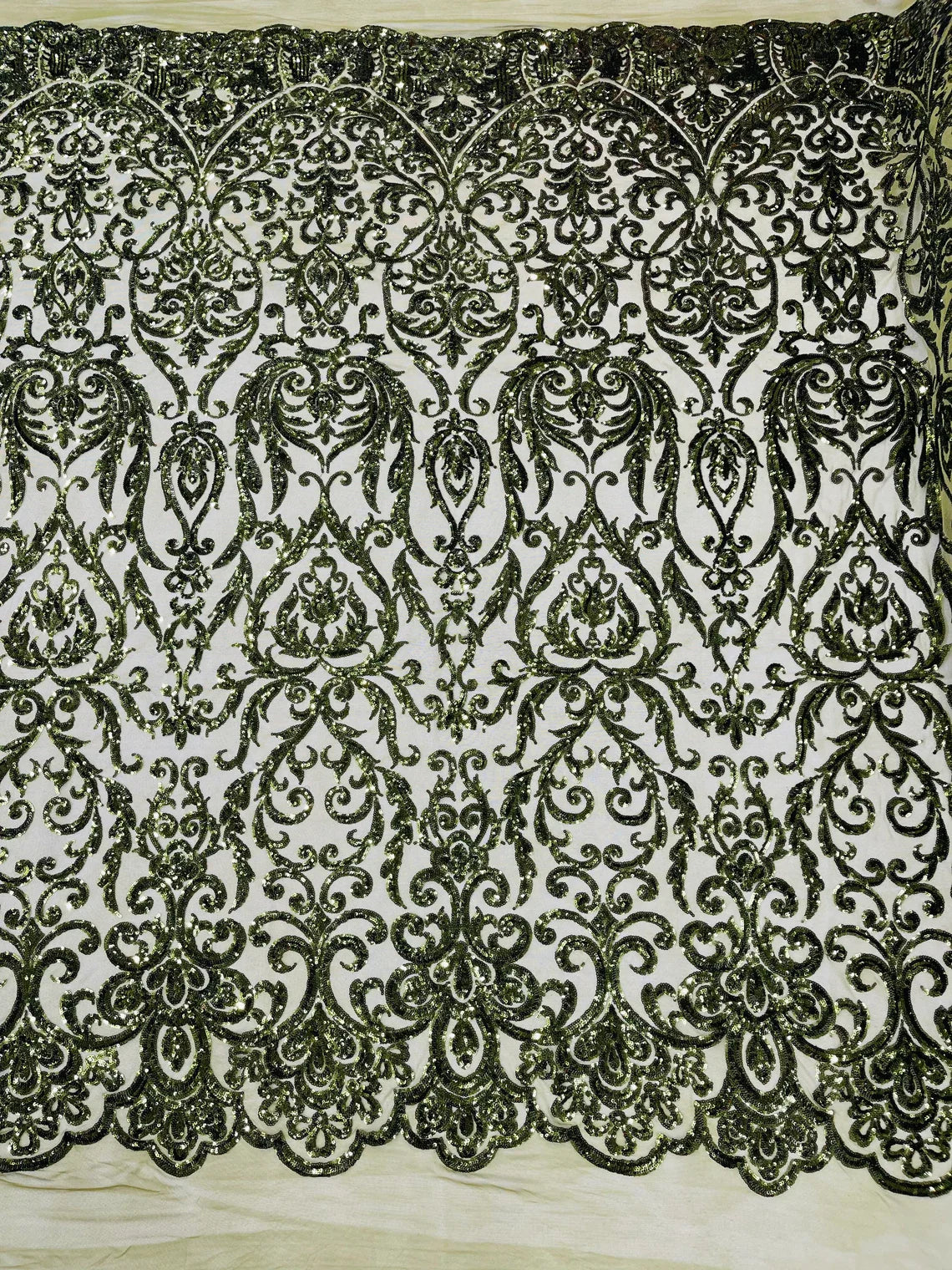 Damask Decor Sequins - Olive Green - 4 Way Stretch Design High Quality Fabric By Yard