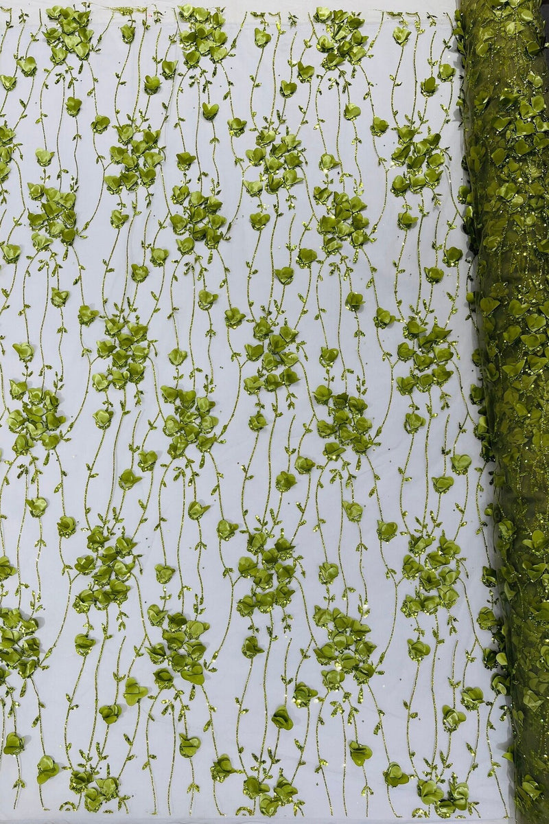 3D Glitter Floral Fabric - Olive Green - 3D Flowers with Sequins and Glitter on Mesh Sold By Yard