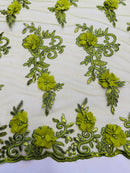 3D Flower Cluster Fabric - Olive Green - 3D Flower Leaf Design Fabric with Pearls Sold By Yard