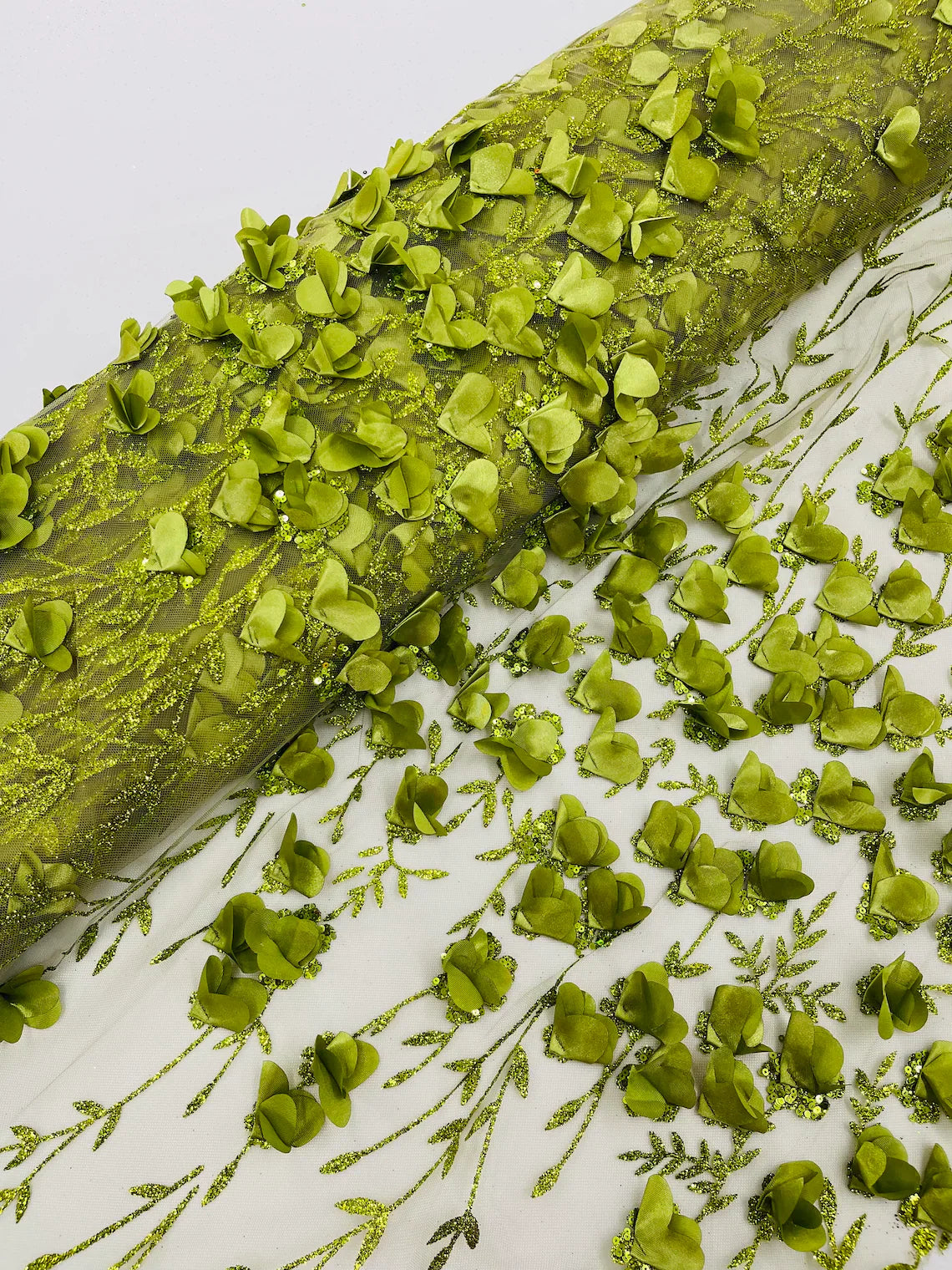 3D Flower Glitter Fabric - Olive Green - Flower Design on Glitter Mesh Fabric Sold By Yard