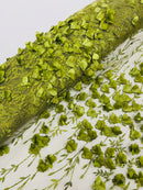 3D Flower Glitter Fabric - Olive Green - Flower Design on Glitter Mesh Fabric Sold By Yard