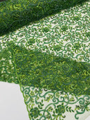 Embroidery Floral Bead Fabric - Olive Green - Bridal Embroidery Beaded Floral  Fabric Sold by Yard